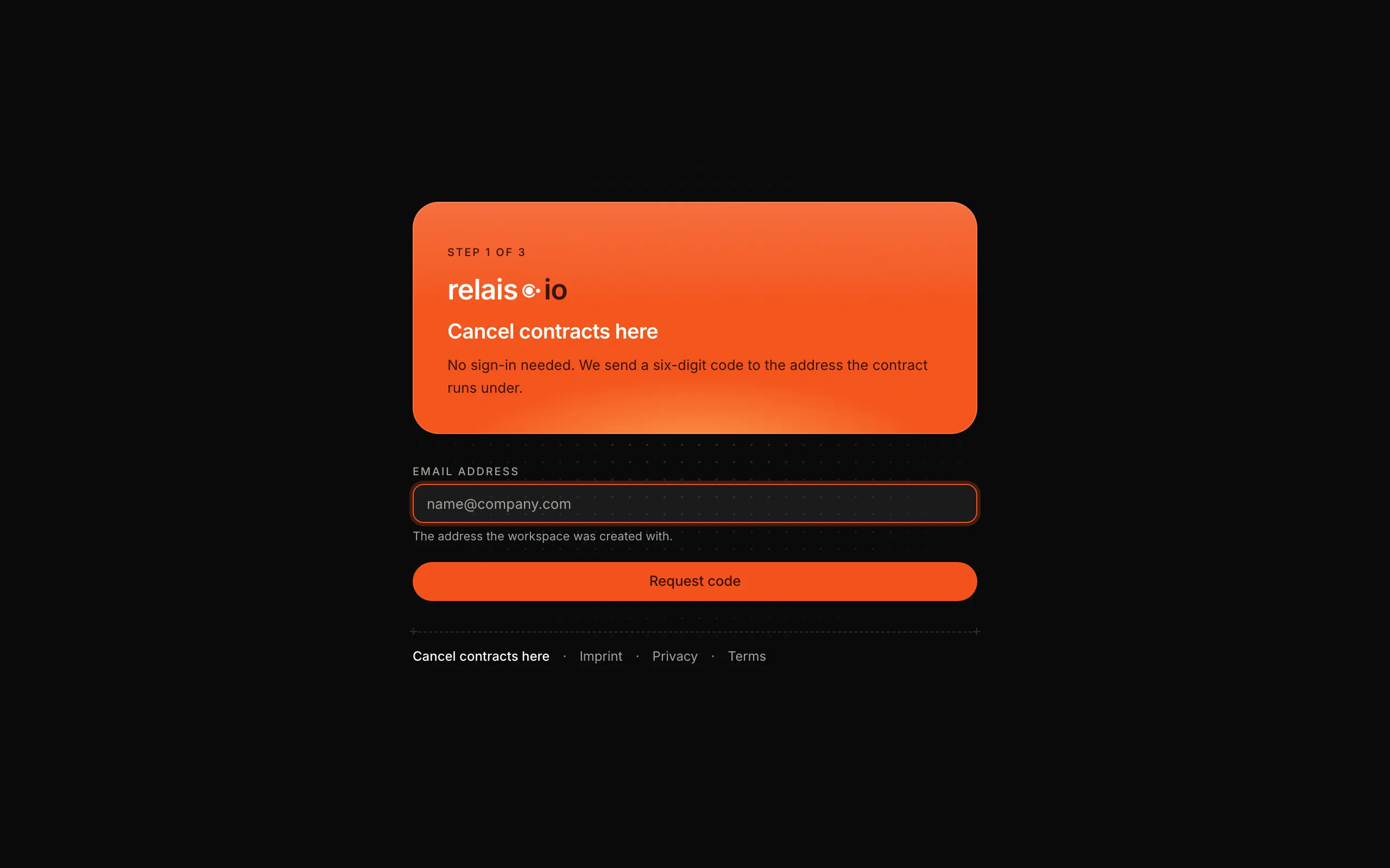 The “Cancel contracts here” page: step 1 of 3 with the field for the email address and the “Request code” button.