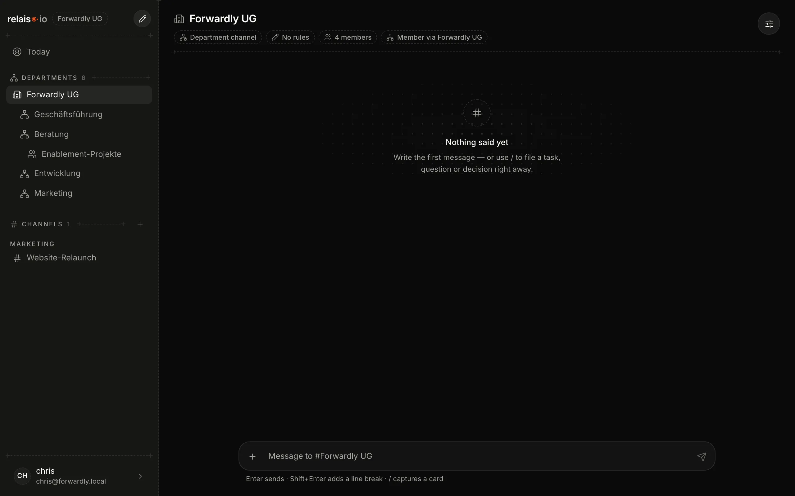 A channel in relais.io: the sidebar with “Departments” and “Channels” on the left, the chips “Department channel”, “No rules” and “4 members” in the channel header, the composer at the bottom.
