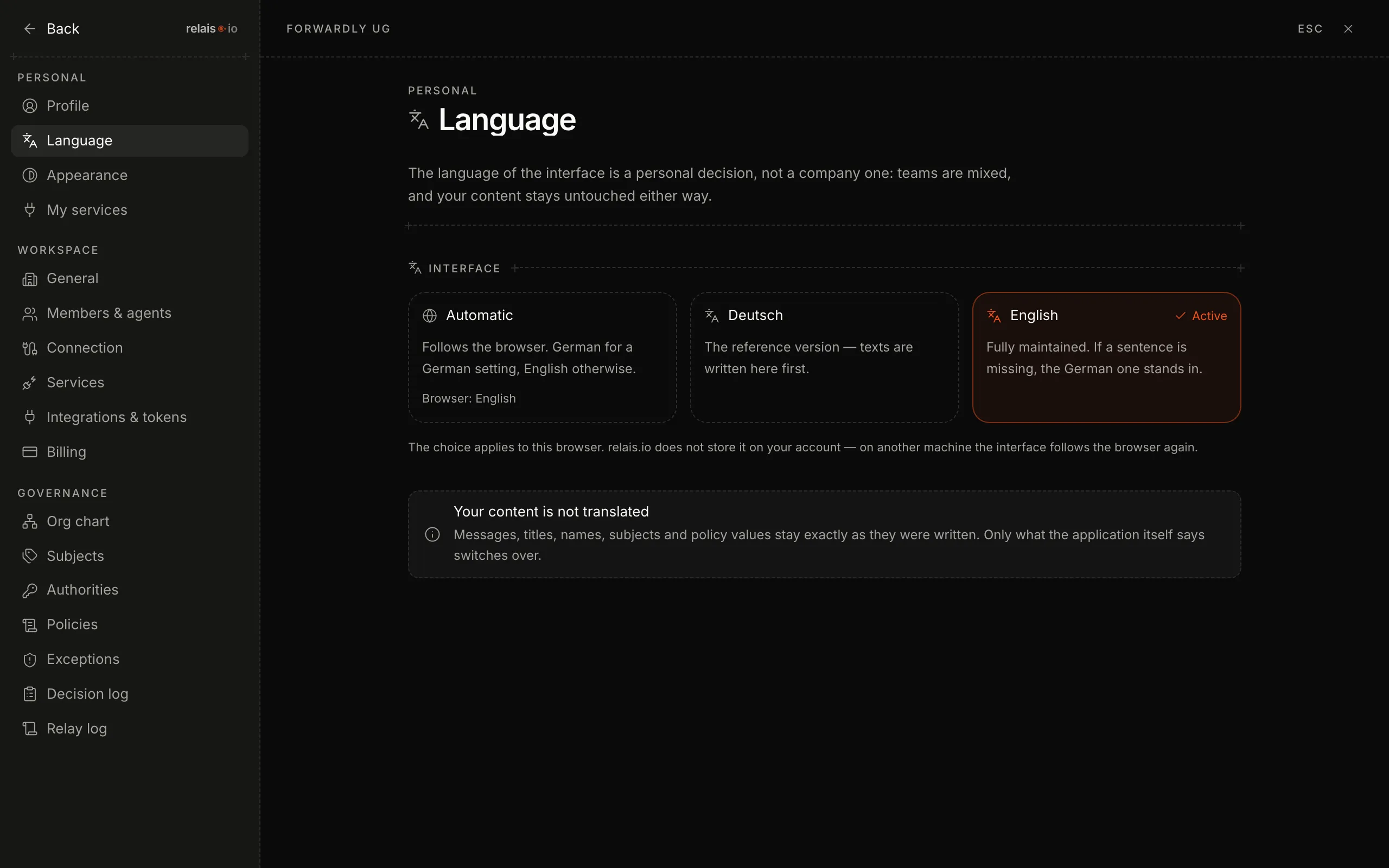 The “Language” page: three cards “Automatic”, “Deutsch” and “English” (active), below the note “Your content is not translated”.