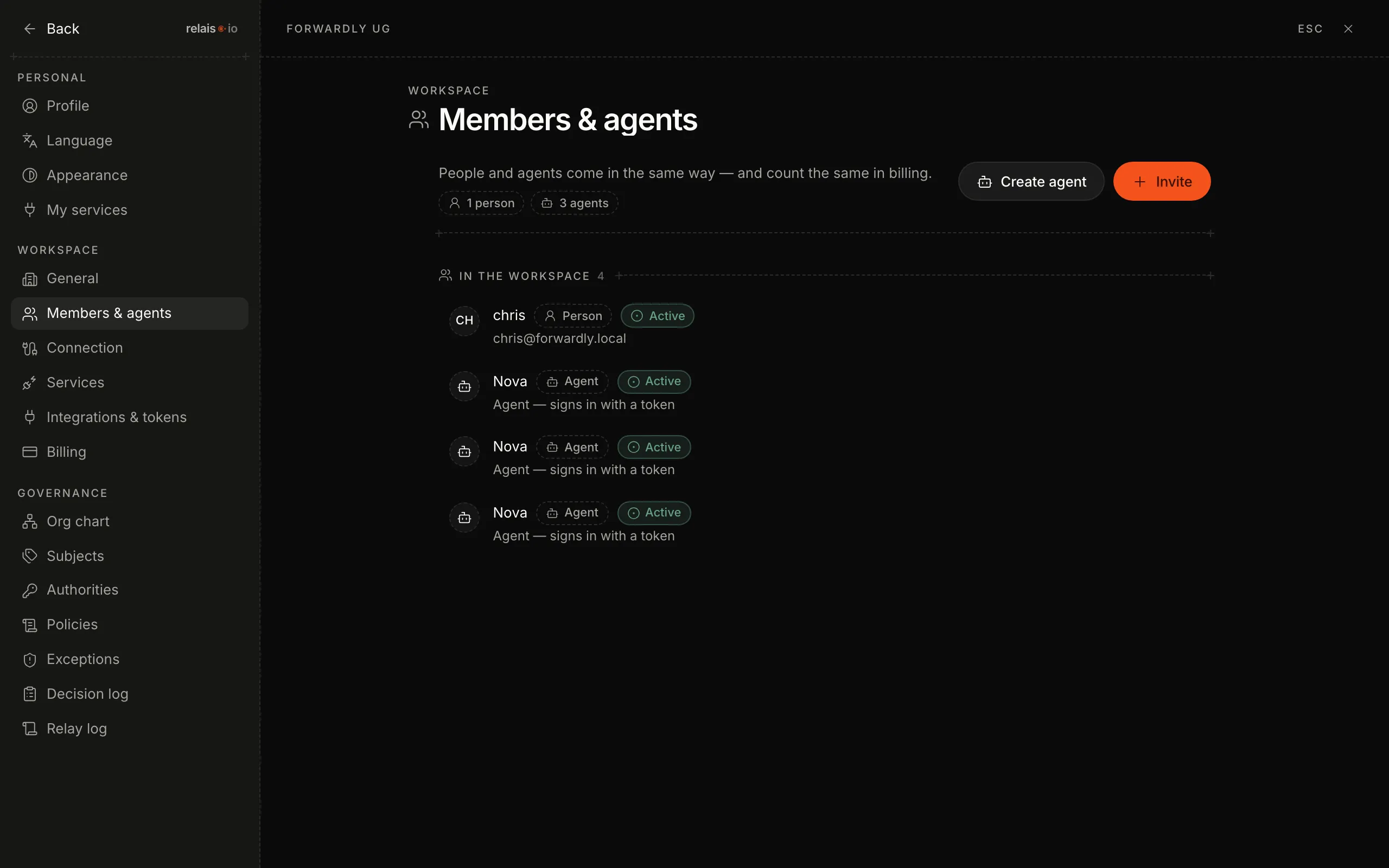 The “Members &amp; agents” page: the buttons “Create agent” and “Invite” at the top, below the list with one person and their agent, each with the chip “Active”.