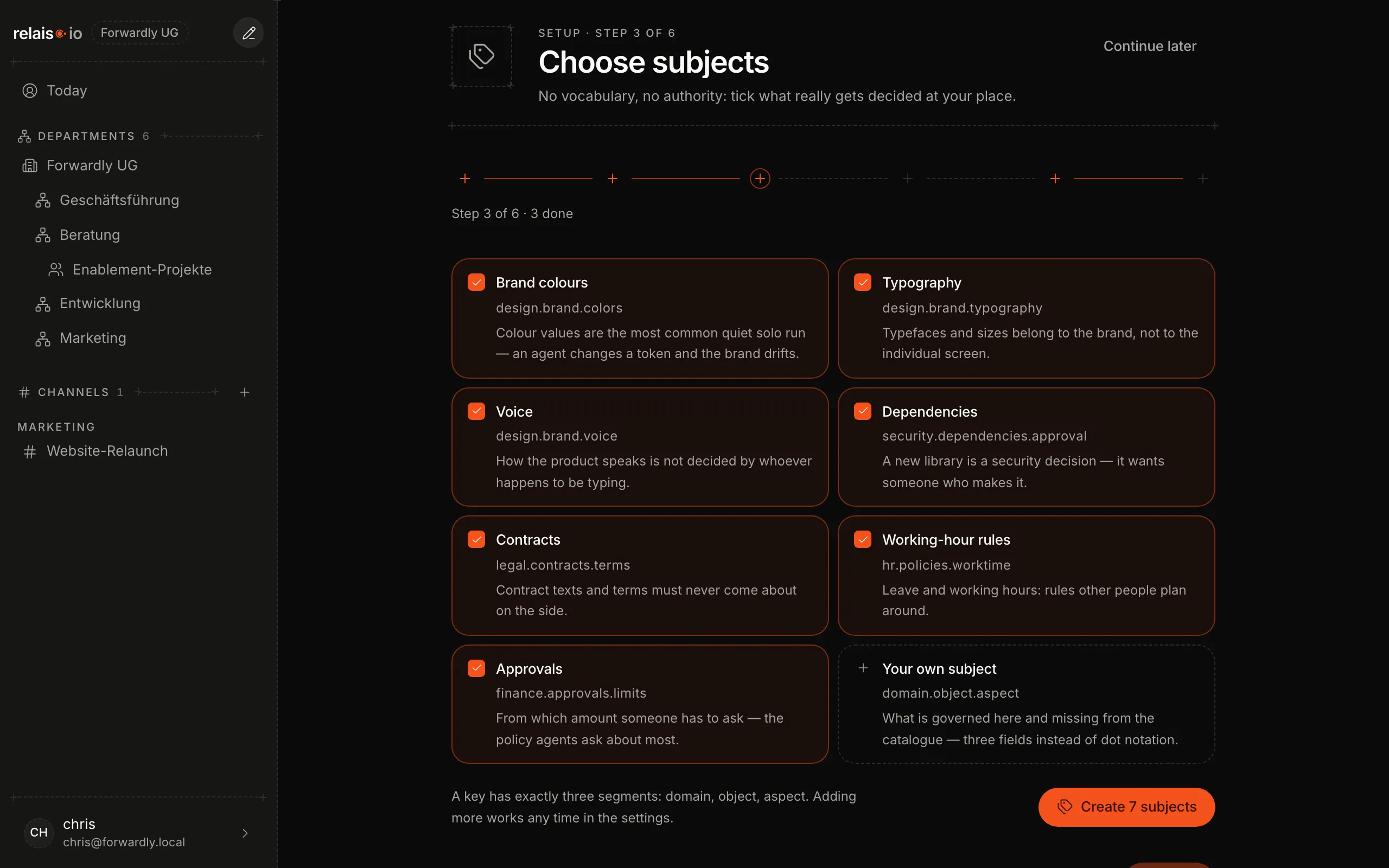 Étape 3 de la configuration : une sélection de sujets sous forme de cartes à cocher, en bas le bouton « Créer 7 sujets ».
